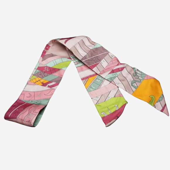 Hermes 100% Silk Twilly Astrologie Nouvelle in Rose Framboise (pink) & Pistache - Picture 12 of 12